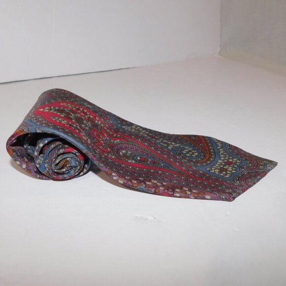 Geoffrey Beene Red Blue Purple Paisley Silk Neck Tie - Picture 10 of 10